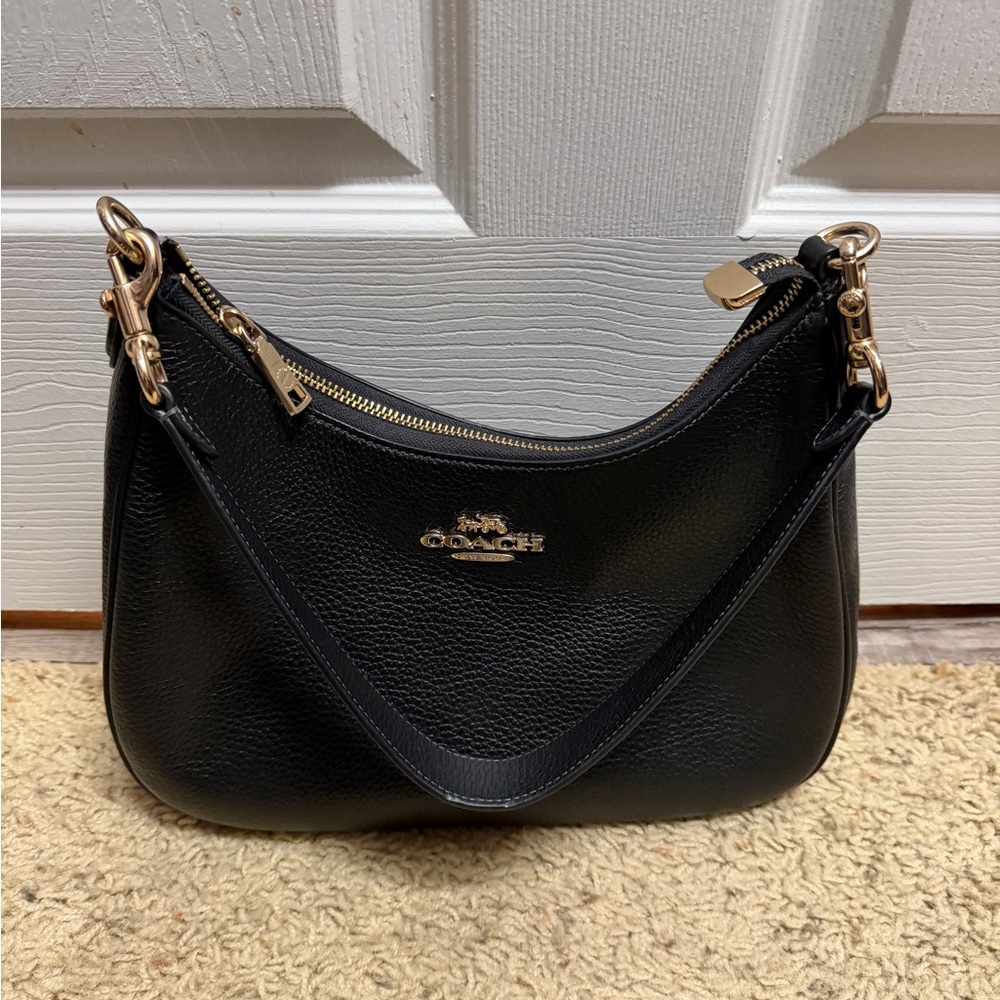 Coach Black Leather Shoulder Bag with Gold Accents